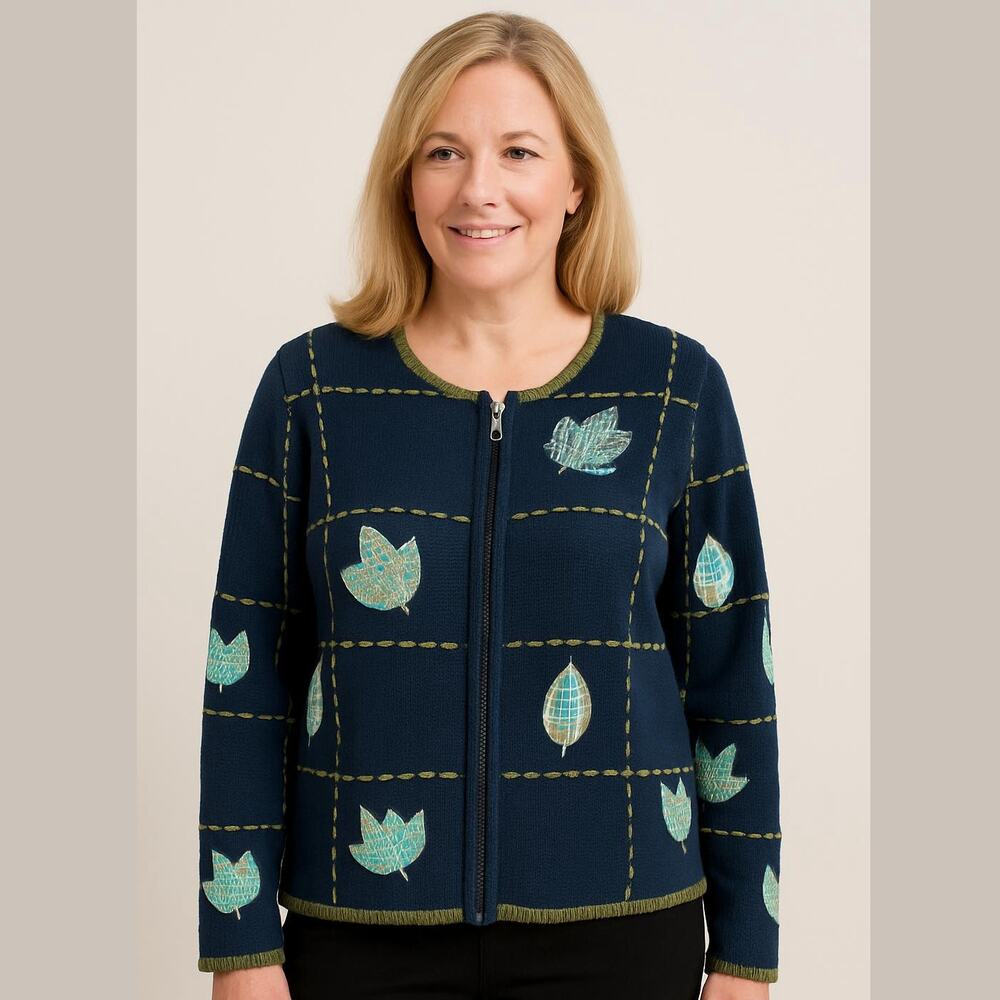 CHRISTOPHER & BANKS VTG Blue Green Patchwork Hand Embroidered Zip Cardigan Sz M